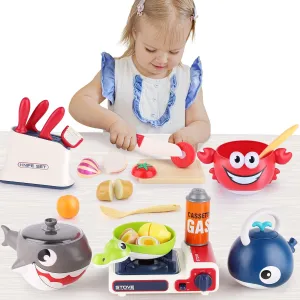 iPlay, iLearn Play Kitchen Accessories, Toddler Cooking Toys Set, Kids Cookware Playset, Pretend Pots Pans W/ Musical Stove, Cutting Food, Utensils, Birthday Gifts for 3 4 5 Years Old Girls Boys Child