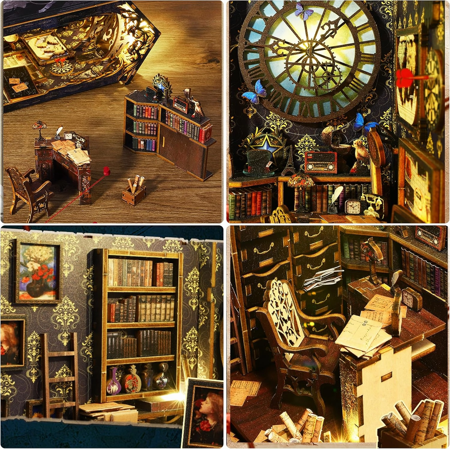 ISSEVE DIY Book Nook Kit, 3D Wooden Puzzle DIY Miniature House Kit for Booknook Shelf Insert Decoration, Magic Book House Stand Bookshelf Dollhouse for Adults with Sensor Light (Detective Agency)