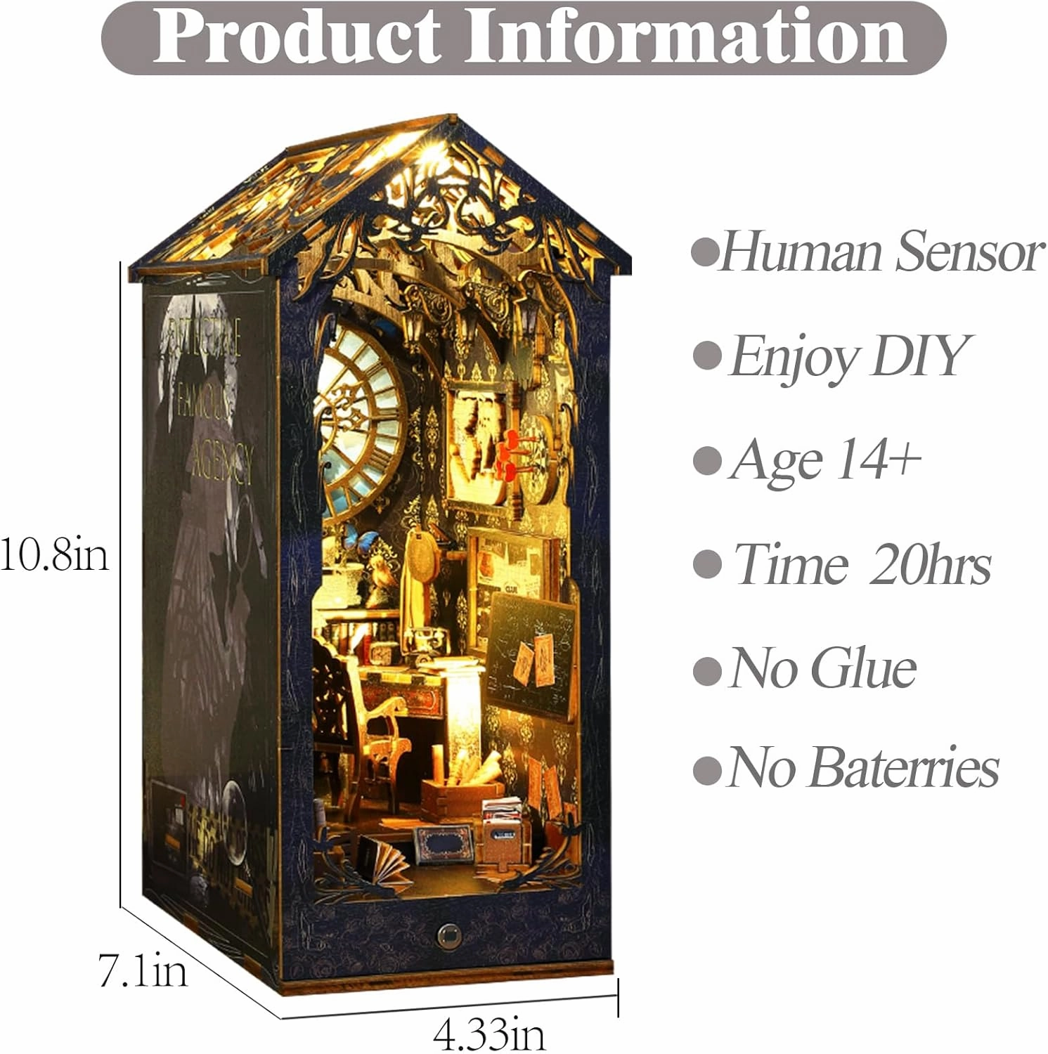 ISSEVE DIY Book Nook Kit, 3D Wooden Puzzle DIY Miniature House Kit for Booknook Shelf Insert Decoration, Magic Book House Stand Bookshelf Dollhouse for Adults with Sensor Light (Detective Agency)
