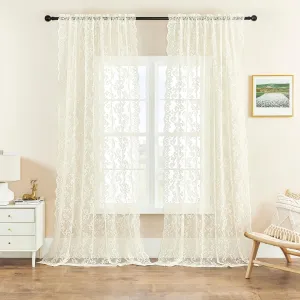 Ivory Lace Curtains 96 Inches Long 2 Panels Vintage Paisley Floral Sheer Curtains for Living Room Girls Bedroom Rod Pocket Light Filtering Cream Shabby Chic Curtains Large Window Decor Drapes, 52x96