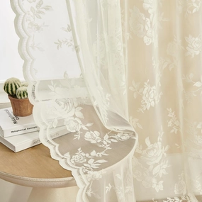 Ivory Lace Curtains 54 Inch Length 2 Panels Victorian Floral Sheer Curtains for Kids Nursery Room Cafe Kitchen Rod Pocket Light Filtering Cream Window Curtains Decor for Closet Basement, 52x54