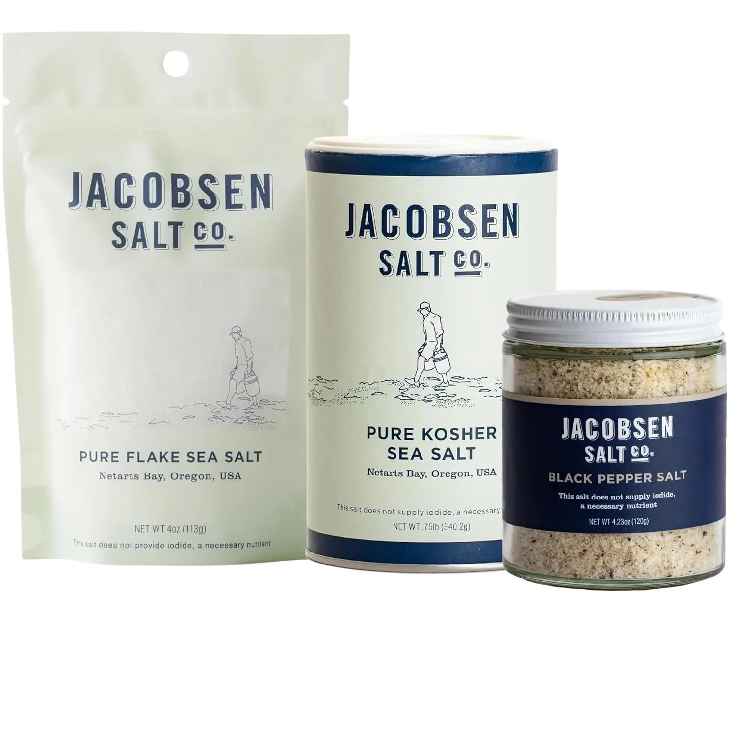 Jacobsen Salt Co. Salt Variety Pack - Coarse, Non-Iodized Made in USA, Non-GMO, Steak Seasoning, Gourmet, Real Salt Flakes - Pure Kosher, Flake & Black Pepper Sea Salt (Pack of 3)