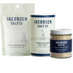 Jacobsen Salt Co. Salt Variety Pack - Coarse, Non-Iodized Made in USA, Non-GMO, Steak Seasoning, Gourmet, Real Salt Flakes - Pure Kosher, Flake & Black Pepper Sea Salt (Pack of 3)