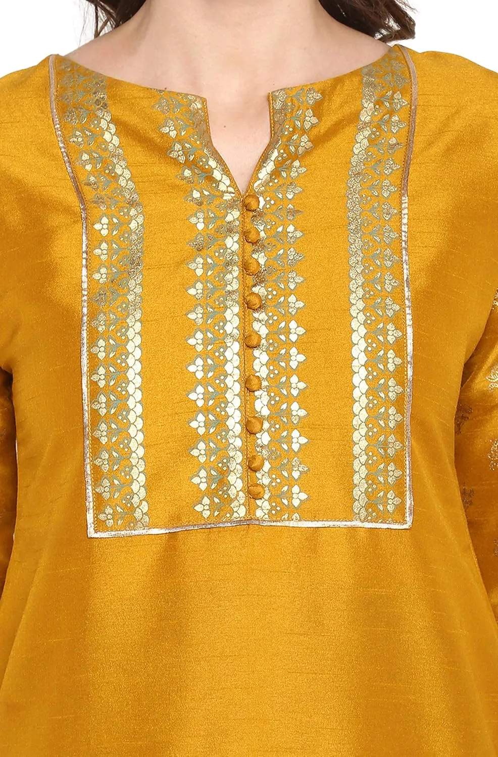 Janasya Indian Women's Mustard Embellished Kurta Kurti Top Tunic Festive Party wear Kurta with Palazzo Set for Women