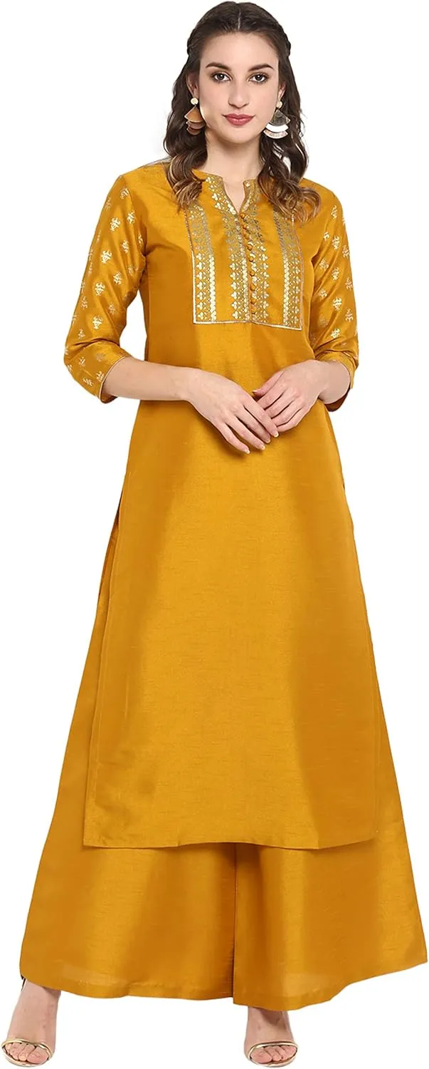 Janasya Indian Women's Mustard Embellished Kurta Kurti Top Tunic Festive Party wear Kurta with Palazzo Set for Women