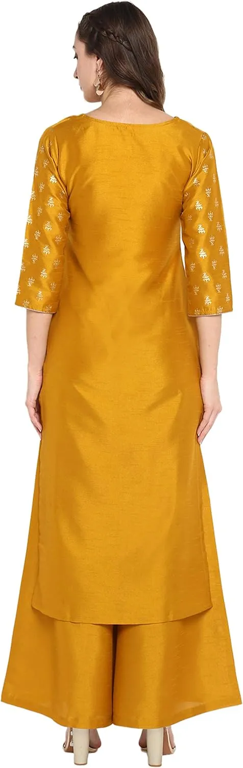 Janasya Indian Women's Mustard Embellished Kurta Kurti Top Tunic Festive Party wear Kurta with Palazzo Set for Women
