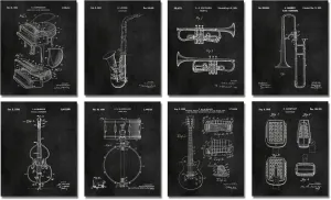 Jazz Decorations Wall Art Jazz Lovers Gifts Music Studio Decor Set of 8 (8x10) Unframed Wall Art Patent Prints - Saxophone Trumpet Piano Trombone Guitar Blues Musical Instruments Poster