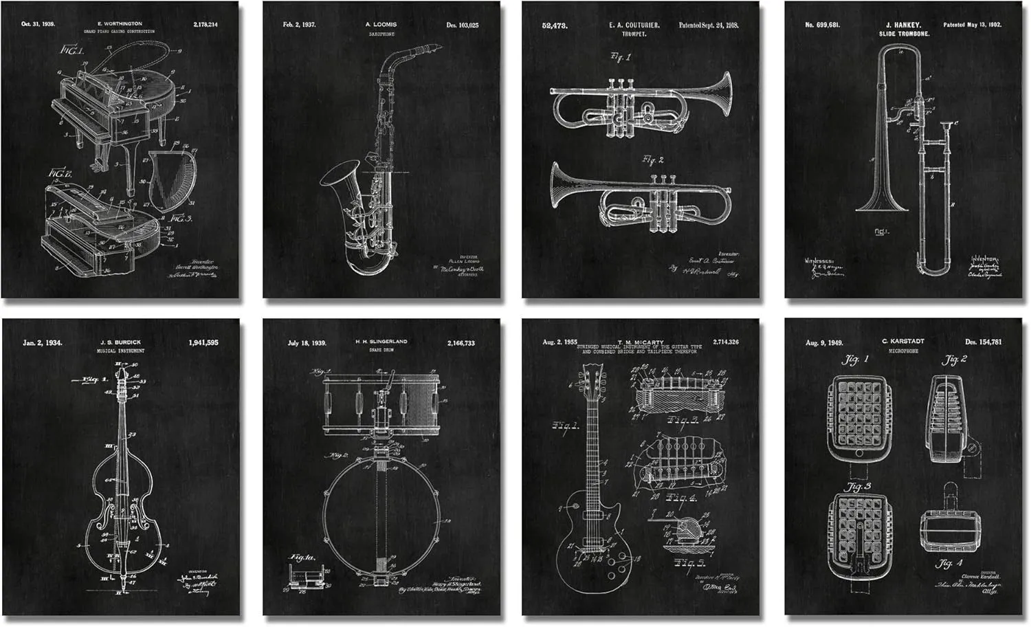 Jazz Decorations Wall Art Jazz Lovers Gifts Music Studio Decor Set of 8 (8x10) Unframed Wall Art Patent Prints - Saxophone Trumpet Piano Trombone Guitar Blues Musical Instruments Poster