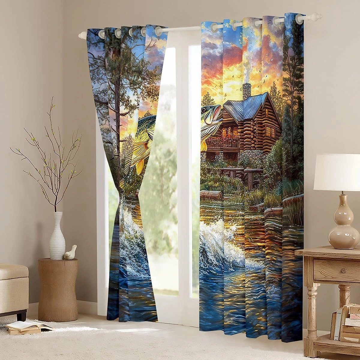 jejeloiu Pike Fish Curtains (2 Panels, 52 x 84 Inch) Kids Rustic Cabin Lake Darkening Drapes Boys Girls Teens Bass Big Fish 30%-50% Blackout Curtain Lakeside Fishing and Hunting Window Treatments