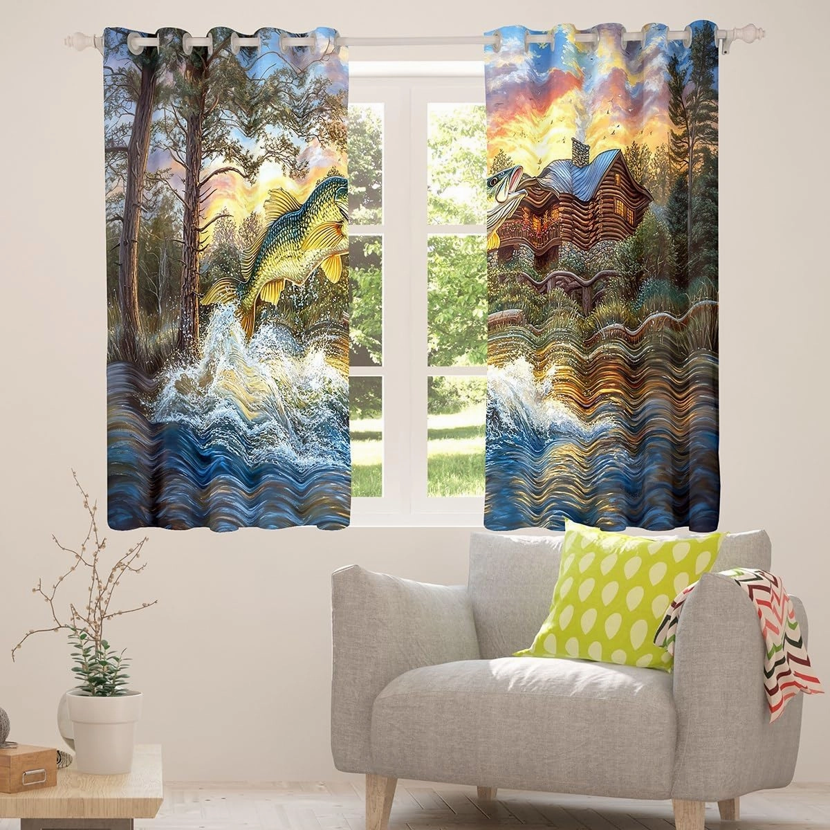 jejeloiu Pike Fish Curtains (2 Panels, 52 x 84 Inch) Kids Rustic Cabin Lake Darkening Drapes Boys Girls Teens Bass Big Fish 30%-50% Blackout Curtain Lakeside Fishing and Hunting Window Treatments