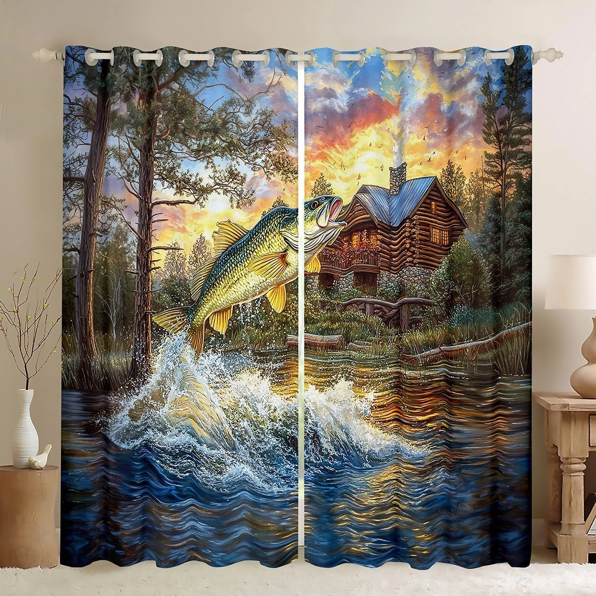 jejeloiu Pike Fish Curtains (2 Panels, 52 x 84 Inch) Kids Rustic Cabin Lake Darkening Drapes Boys Girls Teens Bass Big Fish 30%-50% Blackout Curtain Lakeside Fishing and Hunting Window Treatments
