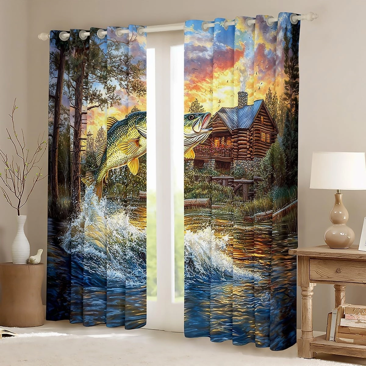 jejeloiu Pike Fish Curtains (2 Panels, 52 x 84 Inch) Kids Rustic Cabin Lake Darkening Drapes Boys Girls Teens Bass Big Fish 30%-50% Blackout Curtain Lakeside Fishing and Hunting Window Treatments