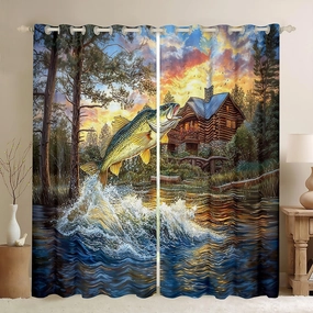 jejeloiu Pike Fish Curtains (2 Panels, 52 x 84 Inch) Kids Rustic Cabin Lake Darkening Drapes Boys Girls Teens Bass Big Fish 30%-50% Blackout Curtain Lakeside Fishing and Hunting Window Treatments