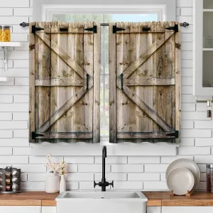 Jekeno Rustic Wooden Kitchen Curtains Vintage Farmhouse Short Cafe Drapes for Living Room Bedroom Decor Brown Barn Door Tier Rod Pocket Window 45 Inch Length 2 Panel Set