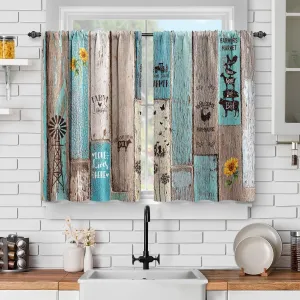 Jekeno Wooden Barn Door Kitchen Curtains, Farmhouse Vintage Plank Striped Short Cafe Decor for Living Room Tier for Bathroom Rod Pocket Window Drapes 30 Inch Length 2 Panels Set