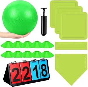 Jenaai 18 Pcs Sports Kickball Set Includes Playground Ball 5 Rubber Throw Down Bases Ball Pump Scoreboard Net Bag 10 Foul Line Cones for Adults Playground Backyard Game(10 Inch,Green)