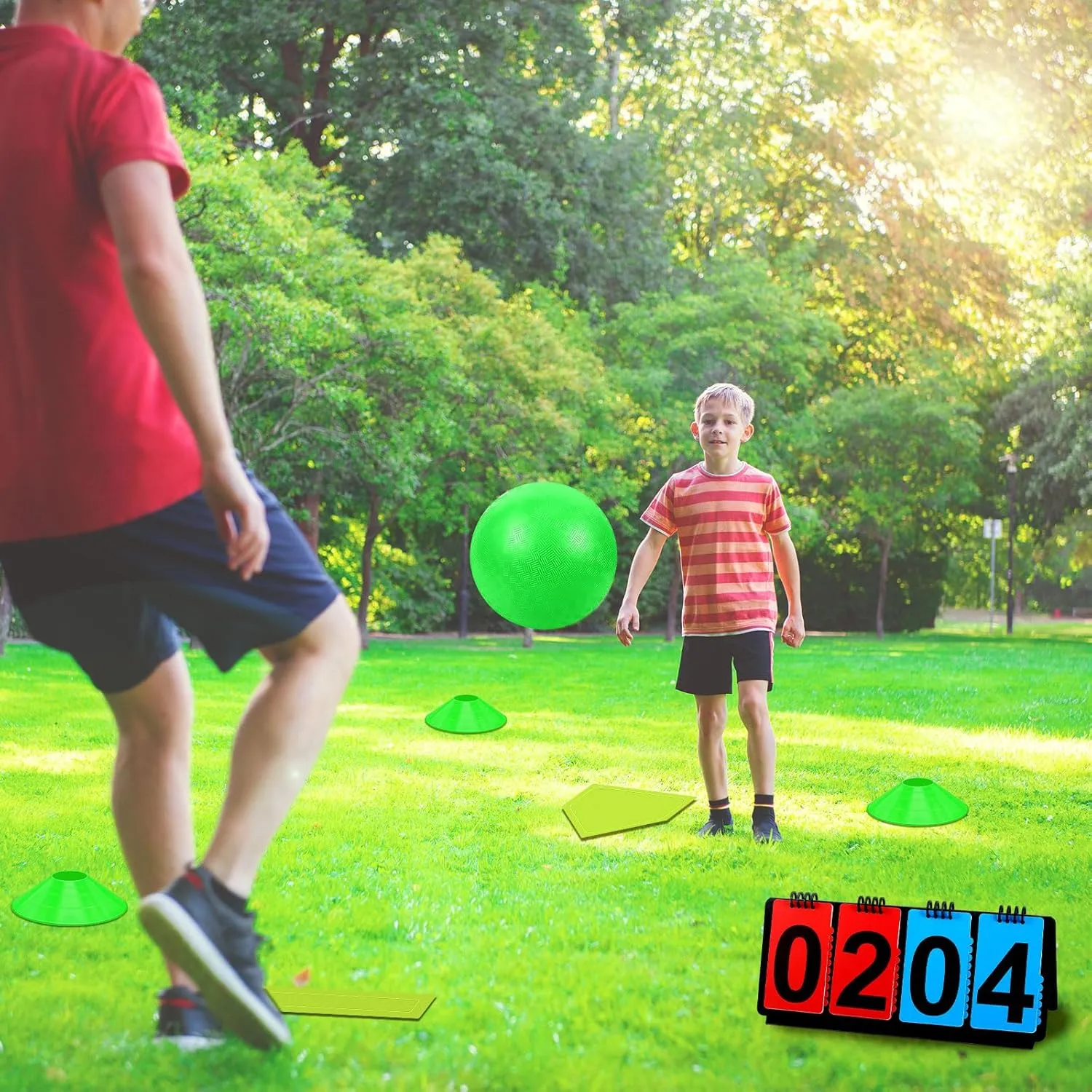Jenaai 18 Pcs Sports Kickball Set Includes Playground Ball 5 Rubber Throw Down Bases Ball Pump Scoreboard Net Bag 10 Foul Line Cones for Adults Playground Backyard Game(10 Inch,Green)