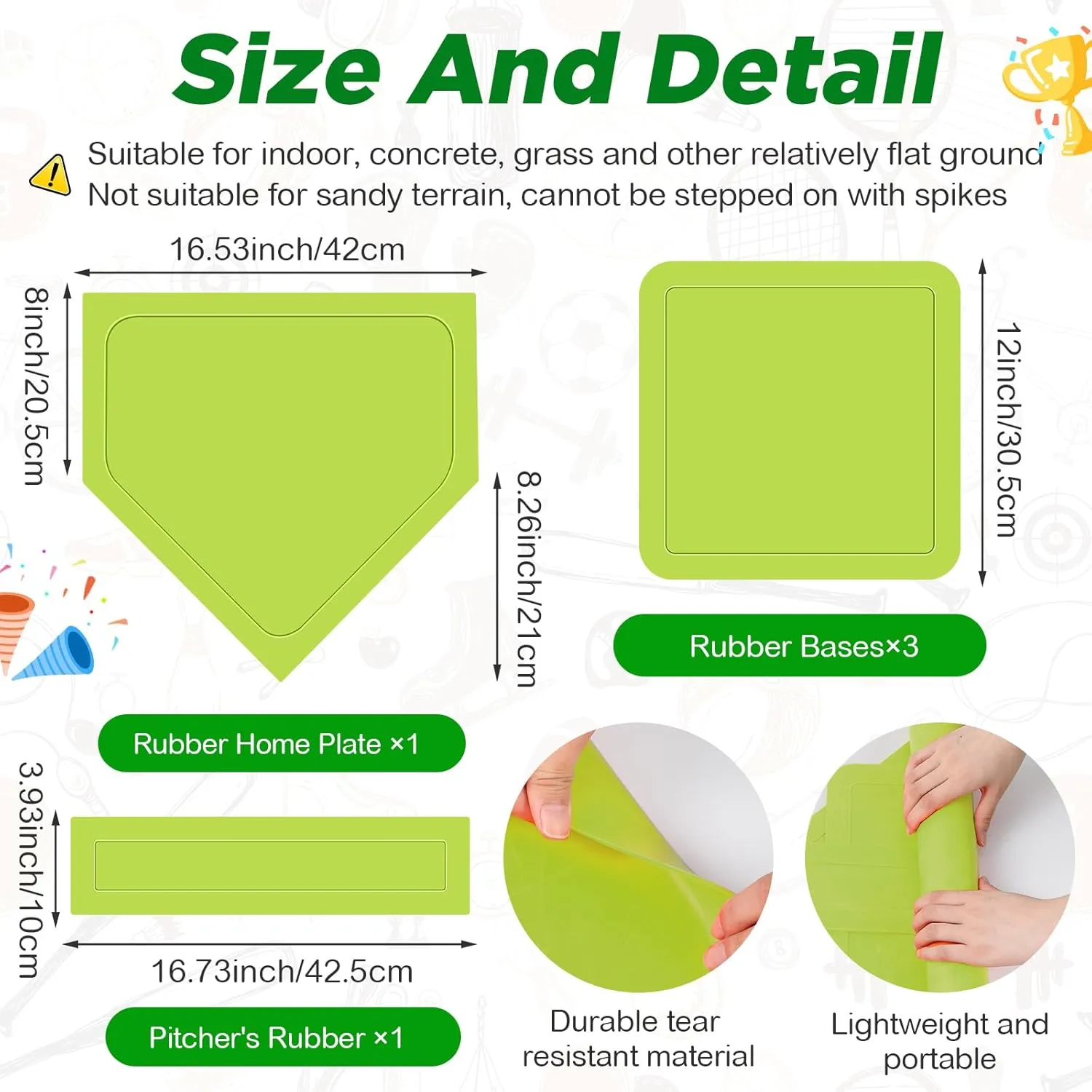 Jenaai 18 Pcs Sports Kickball Set Includes Playground Ball 5 Rubber Throw Down Bases Ball Pump Scoreboard Net Bag 10 Foul Line Cones for Adults Playground Backyard Game(10 Inch,Green)