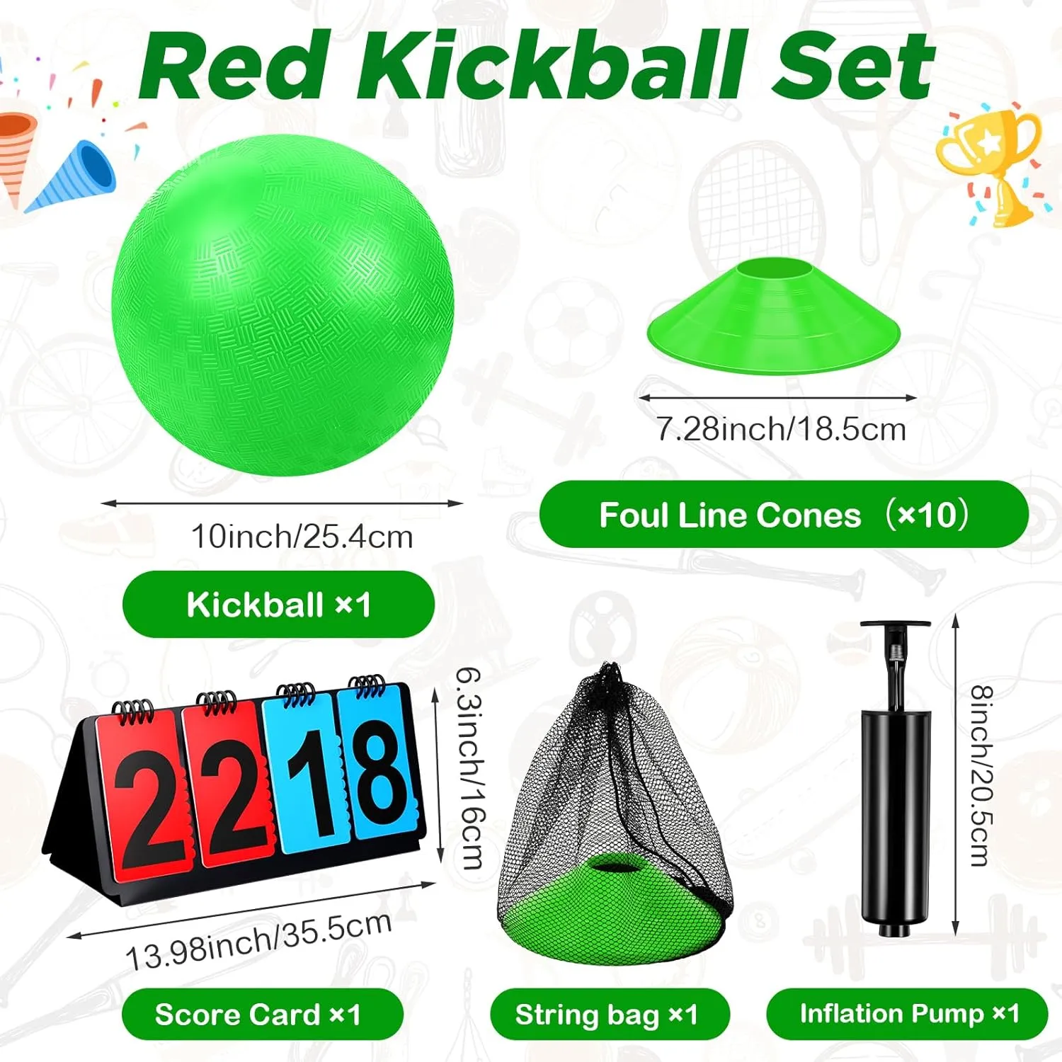 Jenaai 18 Pcs Sports Kickball Set Includes Playground Ball 5 Rubber Throw Down Bases Ball Pump Scoreboard Net Bag 10 Foul Line Cones for Adults Playground Backyard Game(10 Inch,Green)
