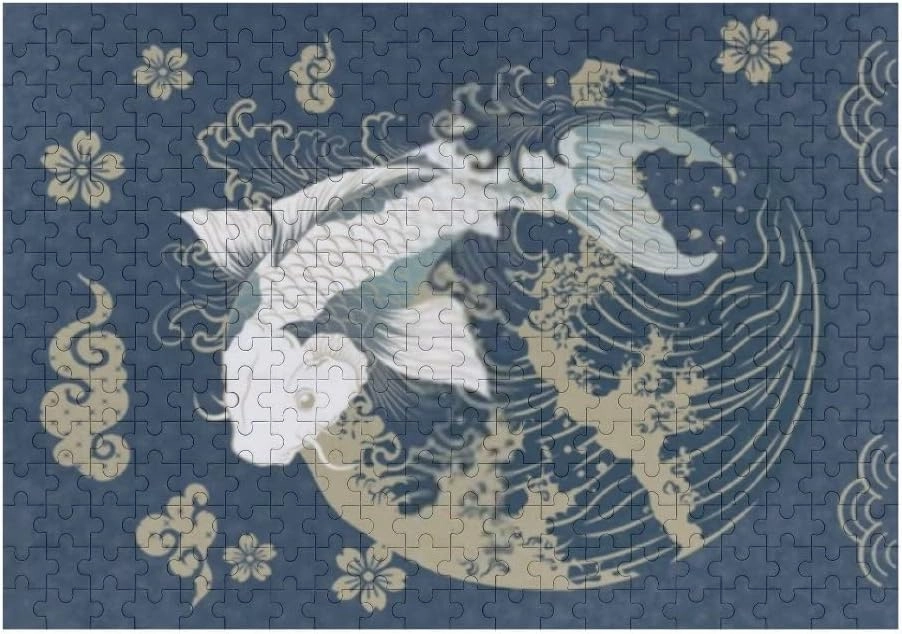 Jigsaw Puzzle 500 Pieces Abstract Art Carp Fish Japanese Wave Puzzles for Adults Teens and Kids Creative Gift Puzzles Funny Family Games Multiple Size