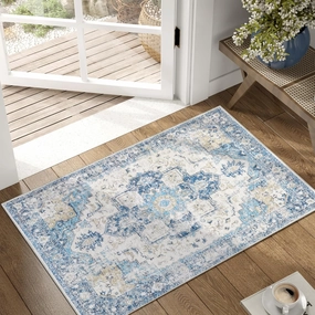 jinchan Area Rug 2x3 Entryway Rug Washable Soft Indoor Vintage Floor Cover Retro Distressed Mat Accent Lightweight Non-Slip Carpet for Entrance Bathroom Kitchen Living Room Bedroom Blue