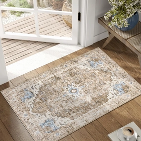 jinchan Area Rug 2x3 Entryway Rug Washable Soft Indoor Vintage Floor Cover Retro Distressed Mat Accent Lightweight Non-Slip Carpet for Entrance Bathroom Kitchen Living Room Bedroom Brick Red
