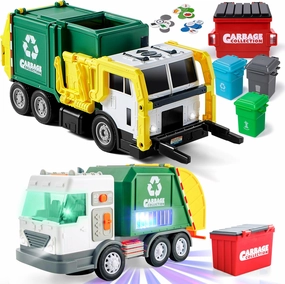 JOYIN Large Friction Powered Garbage Truck Toy Set and LED Garbage Truck Toy Set Includes Dumpster, Rash Bins, and Learning Cards for Kids