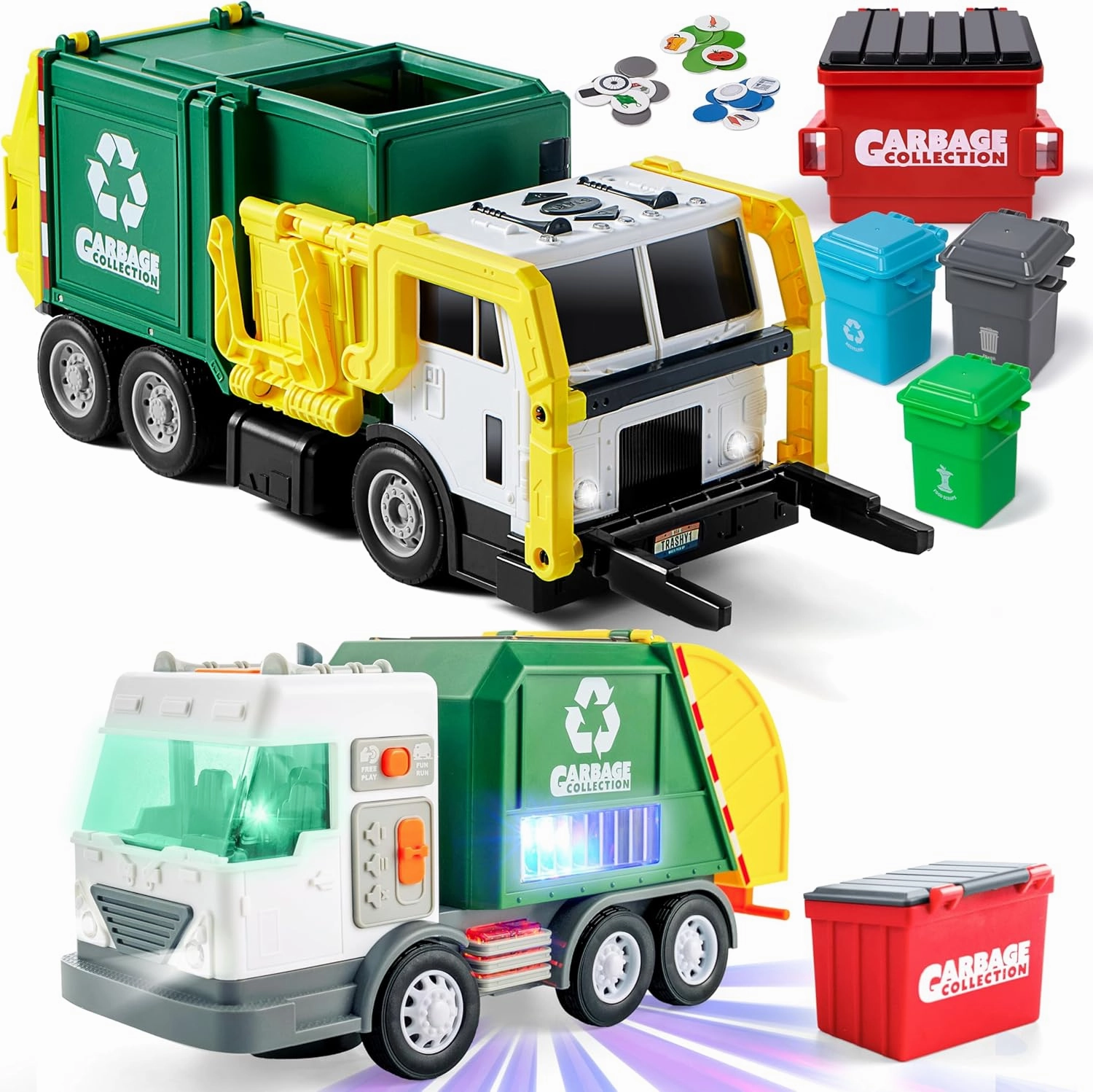 JOYIN Large Friction Powered Garbage Truck Toy Set and LED Garbage Truck Toy Set Includes Dumpster, Rash Bins, and Learning Cards for Kids