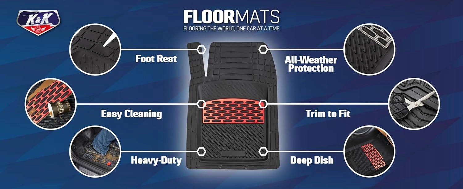K&K Auto Accessories 3D Car Floor Mat Thick 8 Lb Heavy Duty Durable Universal Sapphire Carbon Deep Dish for Cars SUVs Minivan Truck