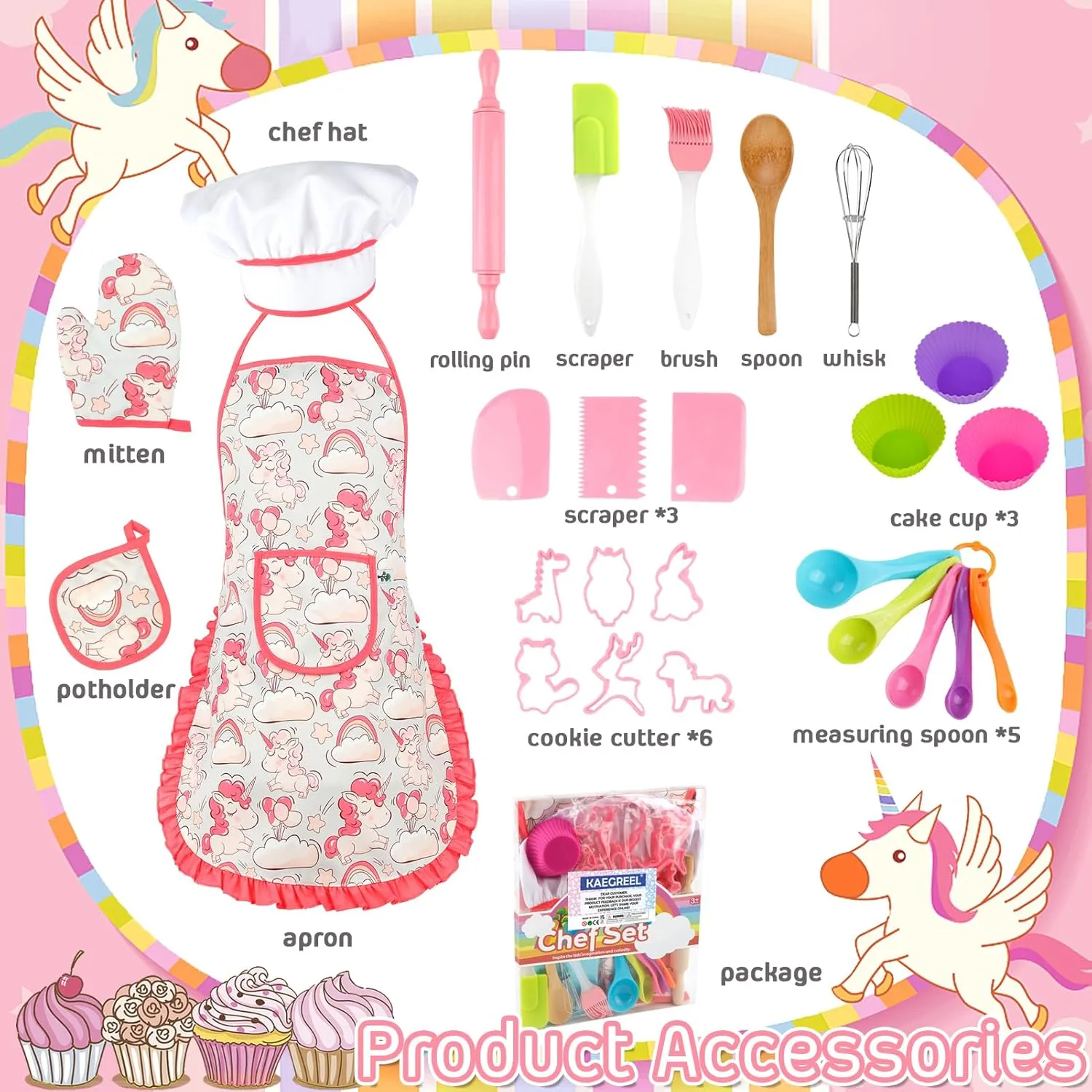KAEGREEL Kids Baking Chef Set with Unicorn Apron and Mitt, 26pcs Kid Cooking Set with Chef Hat Spoons Whisk, Chef Dress Up Role Play Gifts for Girls Boys Aged 3 4 5 6 7 8