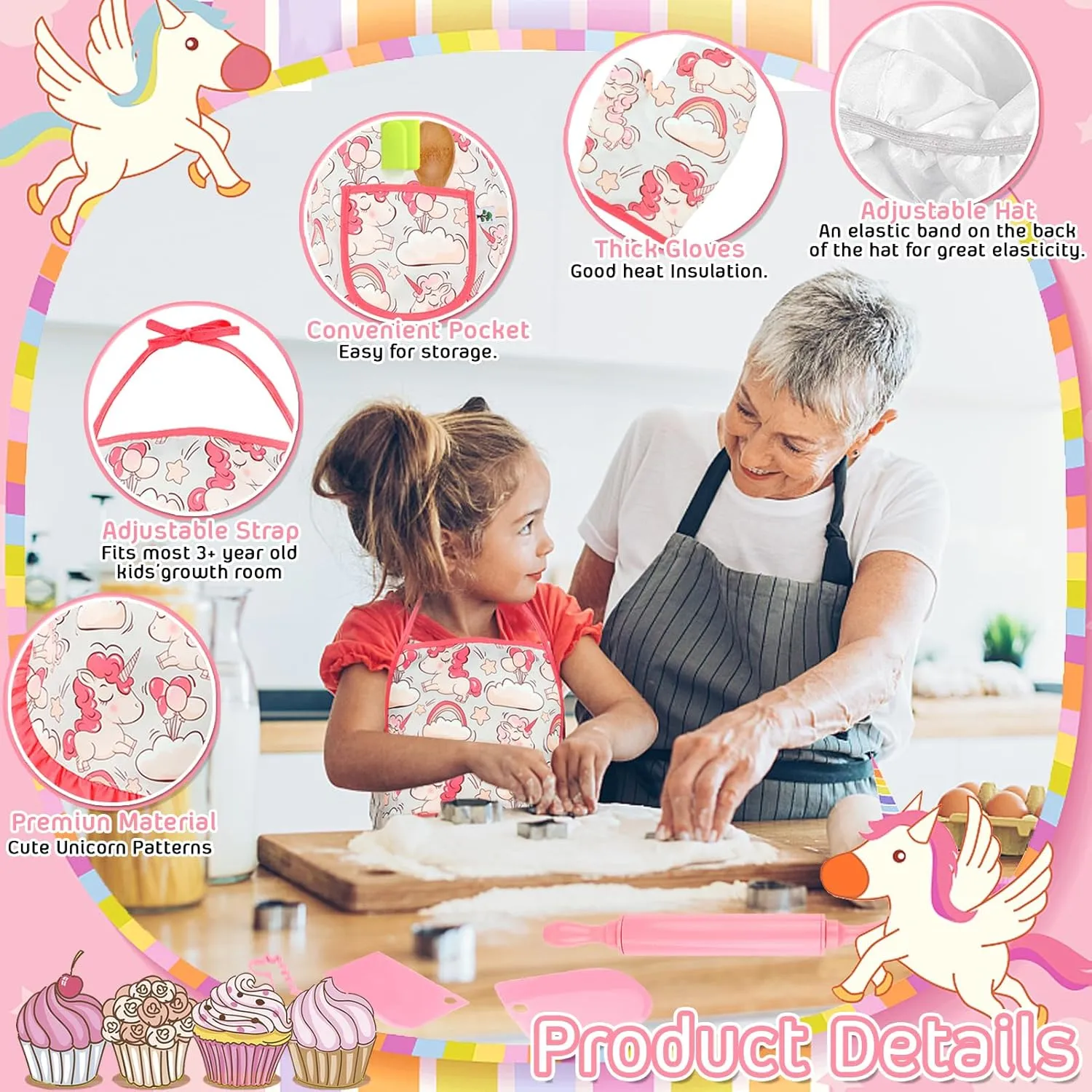 KAEGREEL Kids Baking Chef Set with Unicorn Apron and Mitt, 26pcs Kid Cooking Set with Chef Hat Spoons Whisk, Chef Dress Up Role Play Gifts for Girls Boys Aged 3 4 5 6 7 8