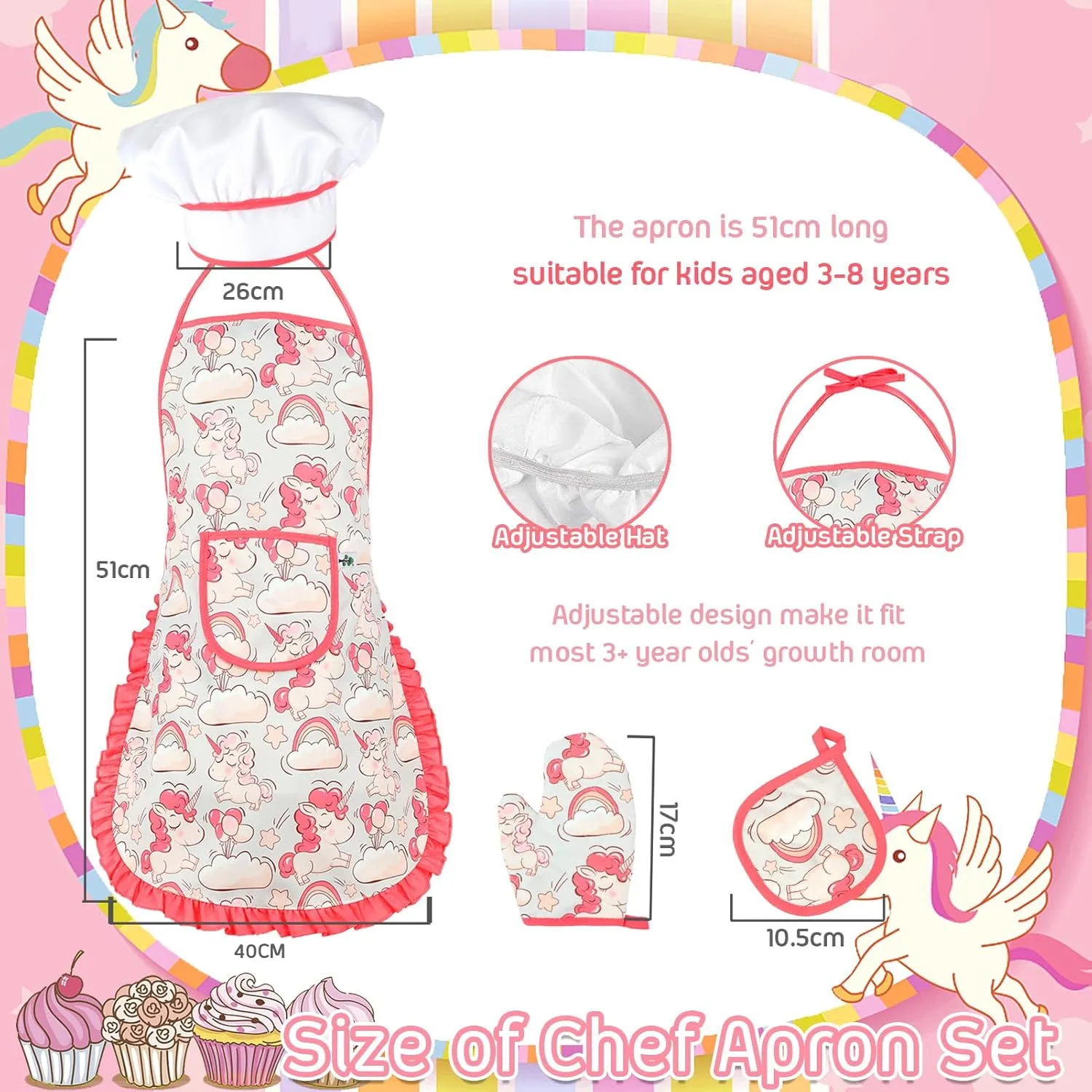 KAEGREEL Kids Baking Chef Set with Unicorn Apron and Mitt, 26pcs Kid Cooking Set with Chef Hat Spoons Whisk, Chef Dress Up Role Play Gifts for Girls Boys Aged 3 4 5 6 7 8