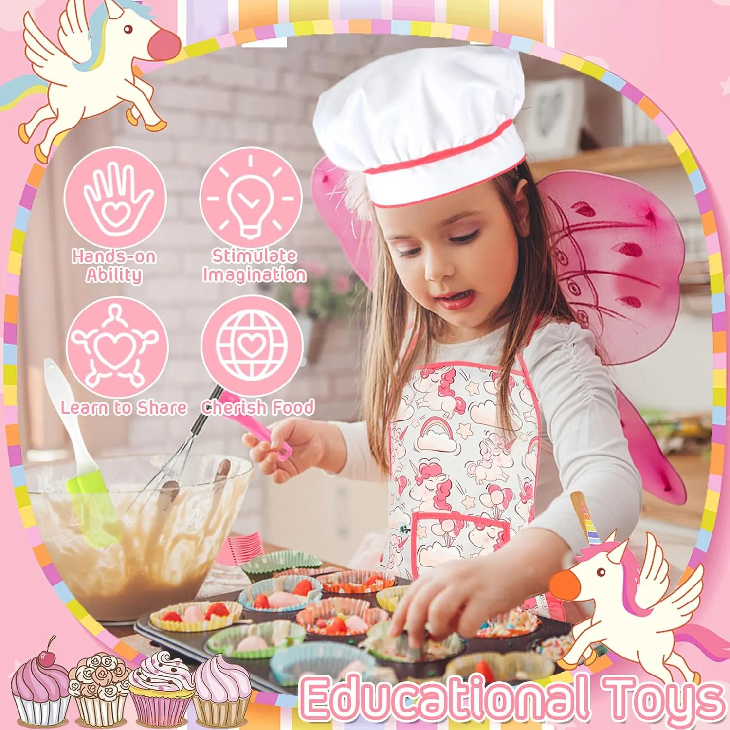 KAEGREEL Kids Baking Chef Set with Unicorn Apron and Mitt, 26pcs Kid Cooking Set with Chef Hat Spoons Whisk, Chef Dress Up Role Play Gifts for Girls Boys Aged 3 4 5 6 7 8