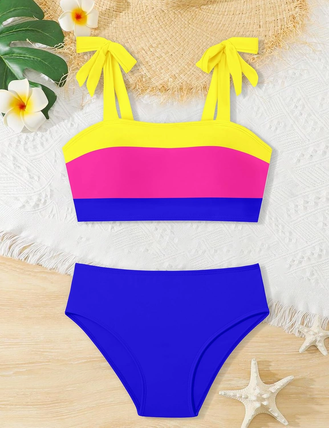 KANGKANG Girls Swimsuit Solid Color Block Adjustable Straps Teen Girl Bikini Set Kids Bathing Suits for Girls Size 7-16