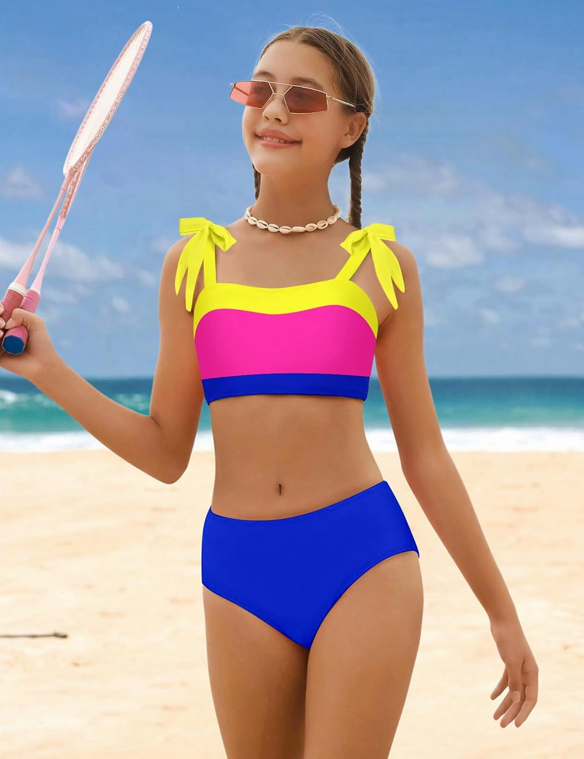 KANGKANG Girls Swimsuit Solid Color Block Adjustable Straps Teen Girl Bikini Set Kids Bathing Suits for Girls Size 7-16