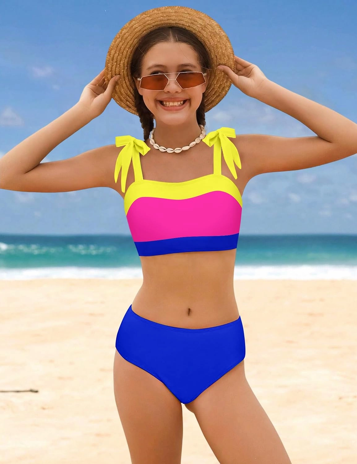 KANGKANG Girls Swimsuit Solid Color Block Adjustable Straps Teen Girl Bikini Set Kids Bathing Suits for Girls Size 7-16