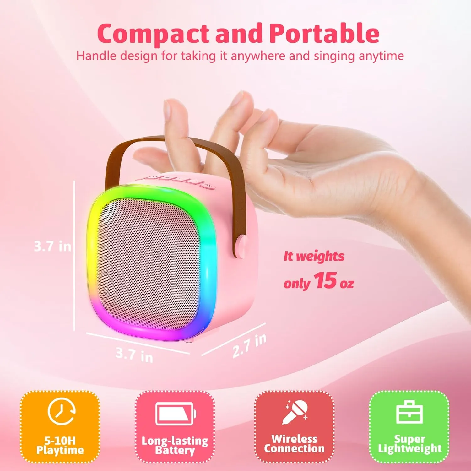Karaoke Machine for Kids Adults, Portable Bluetooth Speaker with 2 Wireless Microphones and LED Lights, Kids Toys Birthday Gifts for Girls Boys Ages 4, 5, 6, 7, 8,9,10,11,12  Years