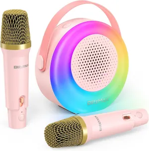 Karaoke Machine for Kids，Mini Portable Bluetooth Speaker with 2 Wireless Microphones,Karaoke Toys Gifts with Interactive Lights and Sound for Girls Boys Adults Home Party Birthday-Pink