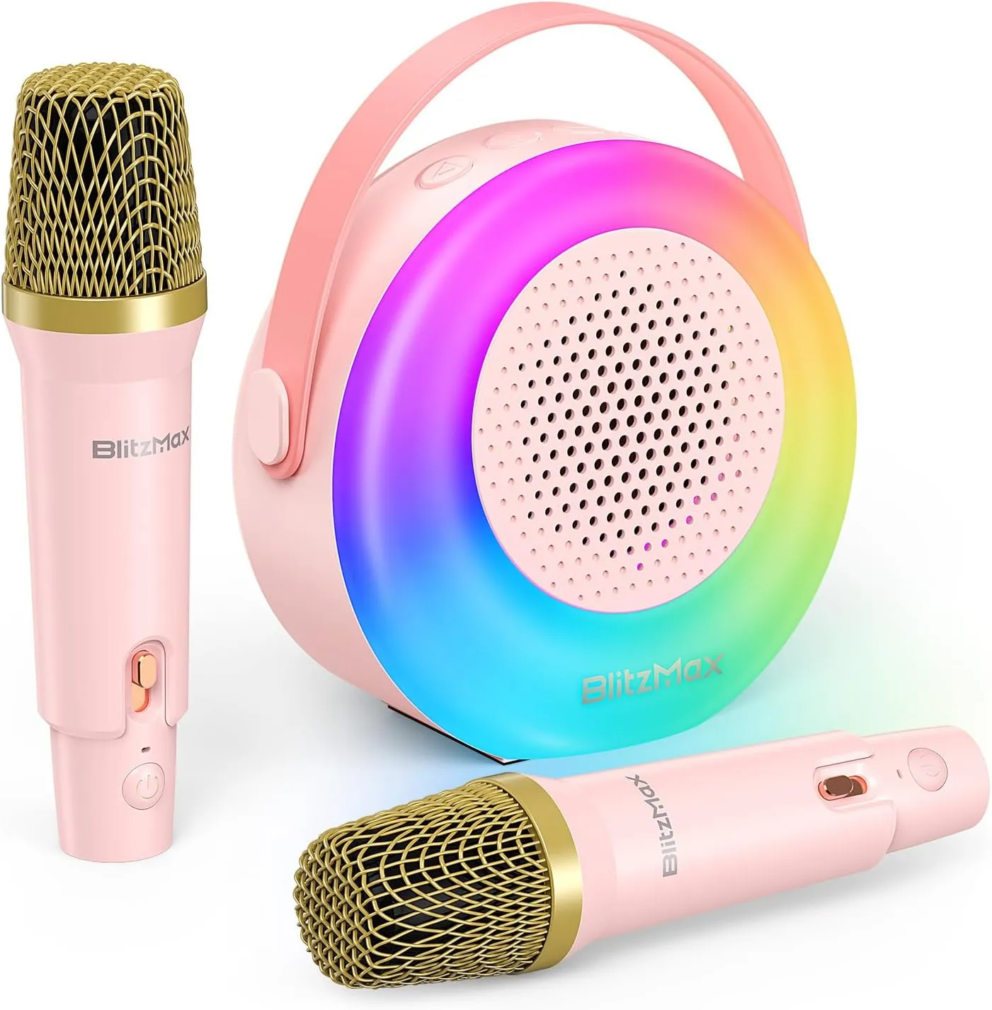 Karaoke Machine for Kids，Mini Portable Bluetooth Speaker with 2 Wireless Microphones,Karaoke Toys Gifts with Interactive Lights and Sound for Girls Boys Adults Home Party Birthday-Pink