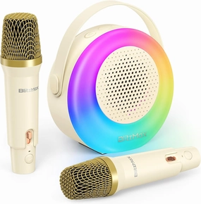 Karaoke Machine for Kids，Mini Portable Bluetooth Speaker with 2 Wireless Microphones,Karaoke Toys Gifts with Interactive Lights and Sound for Girls Boys Adults Home Party Birthday-Beige