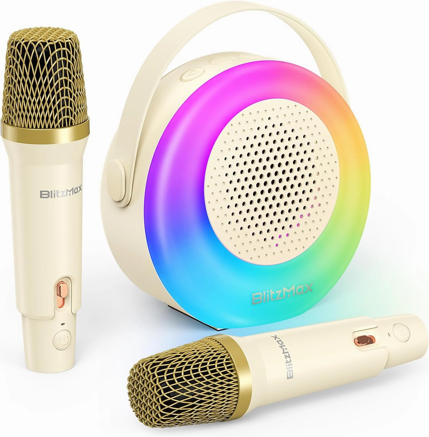 Karaoke Machine for Kids，Mini Portable Bluetooth Speaker with 2 Wireless Microphones,Karaoke Toys Gifts with Interactive Lights and Sound for Girls Boys Adults Home Party Birthday-Beige
