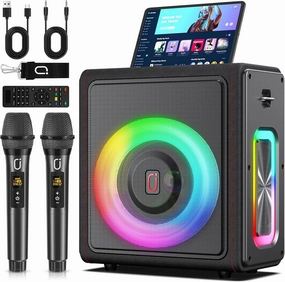 Karaoke Machine, Portable Bluetooth 5.3 Speaker with 2 Wireless Microphones for Adults, PA System with Pitch Correction & Echo Adjustment, Supports TWS/TF Card/USB/AUX/Live/REC for Home Party