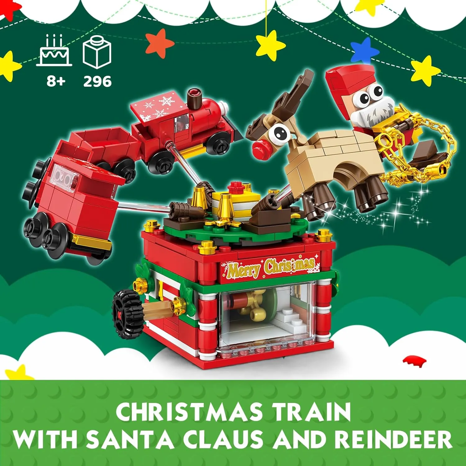 KAZI Christmas Train Building Toys for Kids,Christmas Train Sets with Santa Claus and Reindeer,Christmas Decorations for Tabletop & Home,Christmas Party Favors, for Boys Girls Ages 8 