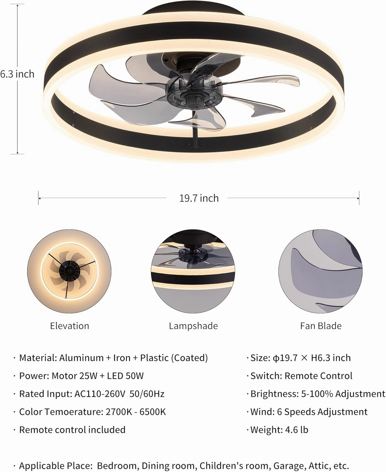 KDG 19.7" Low Profile LED Ceiling Fans with Light, Reversible Flush Mount with Remote and 6 Winds Speeds Fan Lighting, 3 Colors Dimmable for Bedroom, Living Room, Kids, Dinning Room, Kitchen (Black)