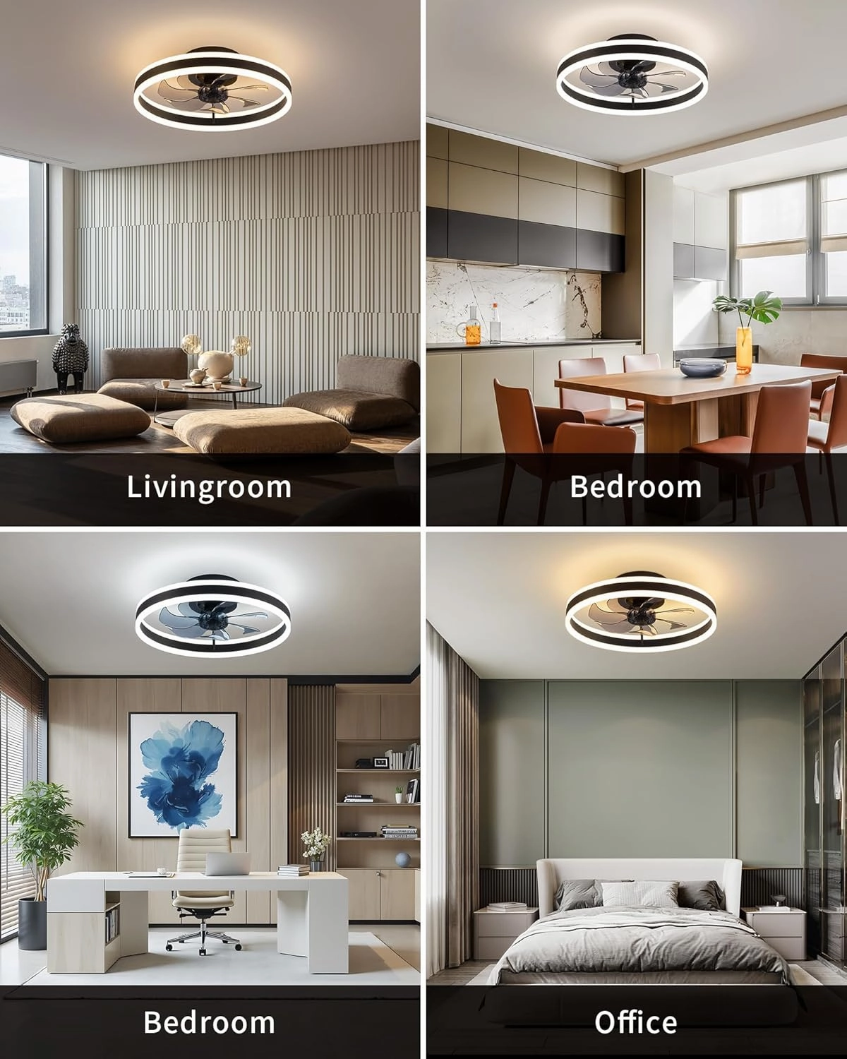 KDG 19.7" Low Profile LED Ceiling Fans with Light, Reversible Flush Mount with Remote and 6 Winds Speeds Fan Lighting, 3 Colors Dimmable for Bedroom, Living Room, Kids, Dinning Room, Kitchen (Black)