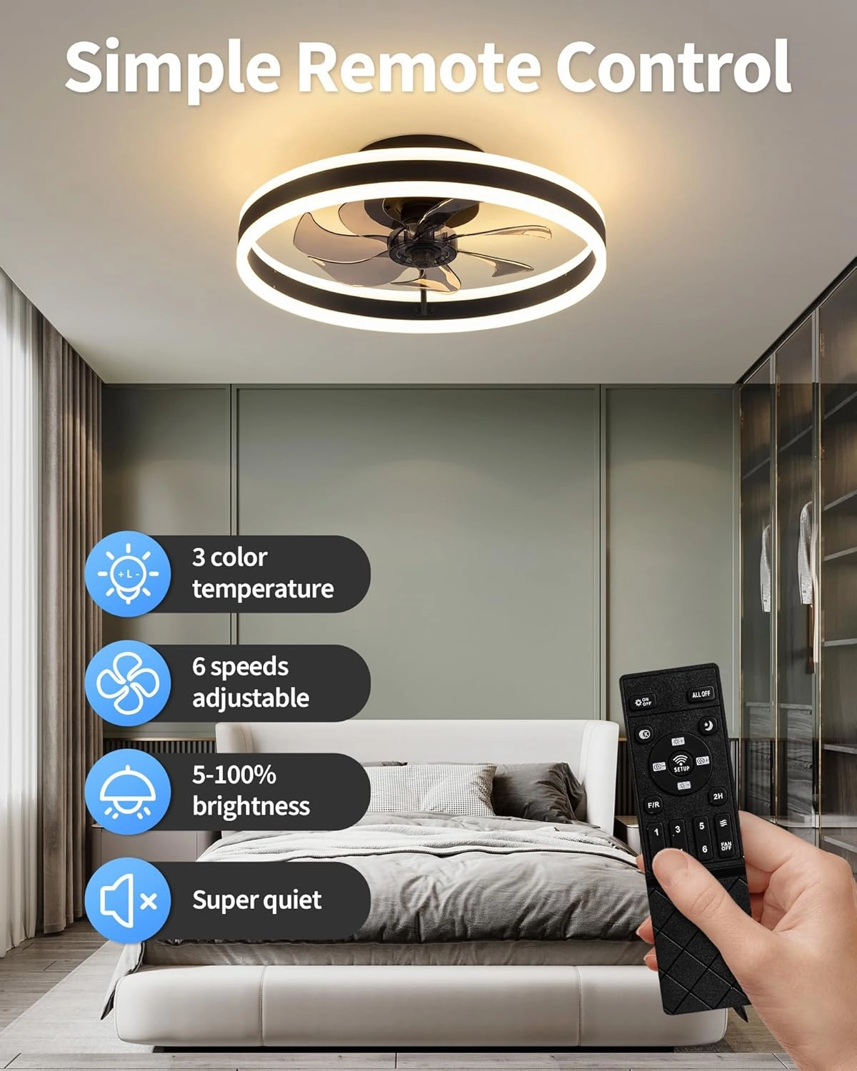 KDG 19.7" Low Profile LED Ceiling Fans with Light, Reversible Flush Mount with Remote and 6 Winds Speeds Fan Lighting, 3 Colors Dimmable for Bedroom, Living Room, Kids, Dinning Room, Kitchen (Black)