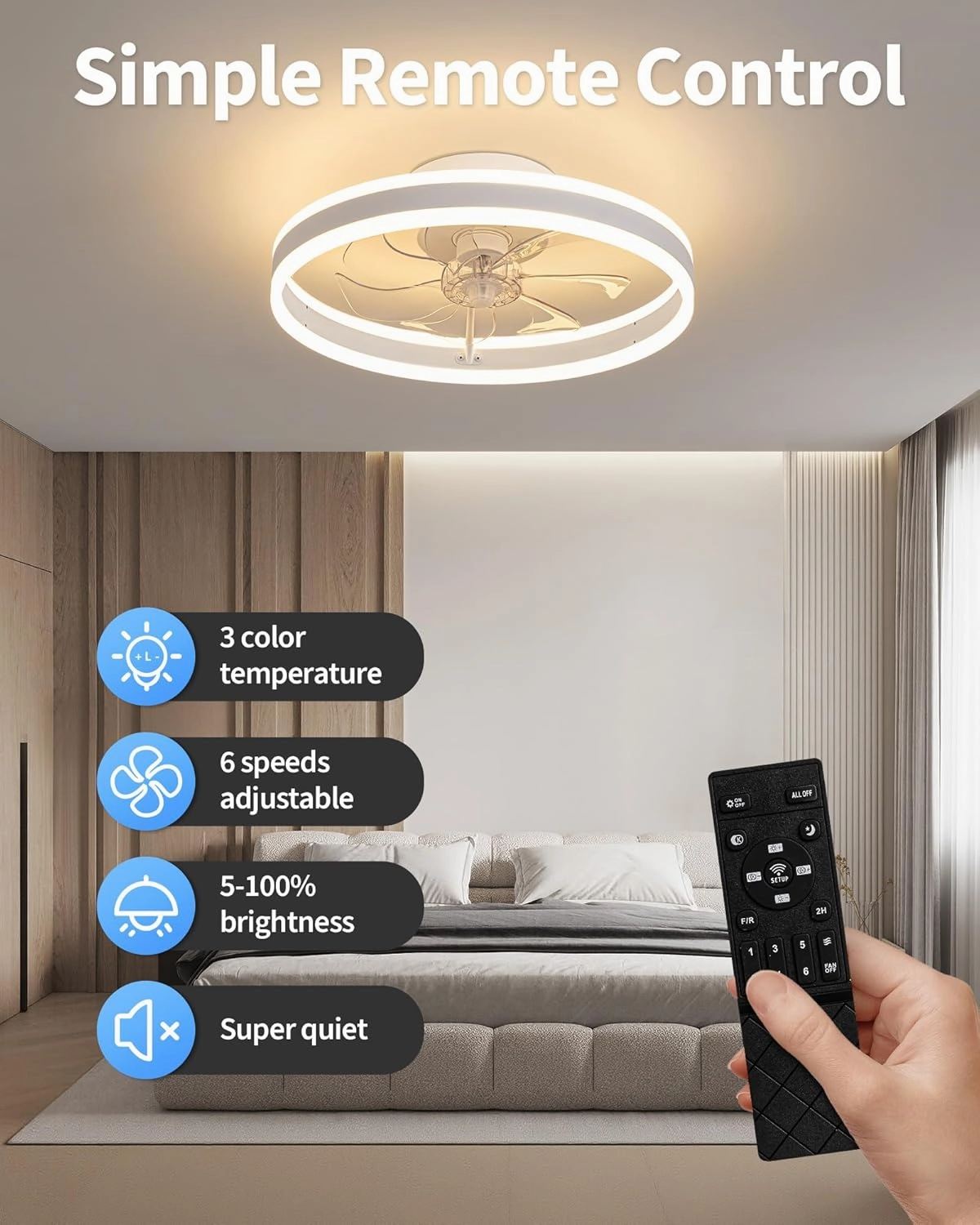 KDG 19.7" Low Profile LED Ceiling Fans with Light, Reversible Flush Mount with Remote and 6 Winds Speeds Fan Lighting, 3 Colors Dimmable for Bedroom, Living Room, Kids, Dinning Room, Kitchen (White)