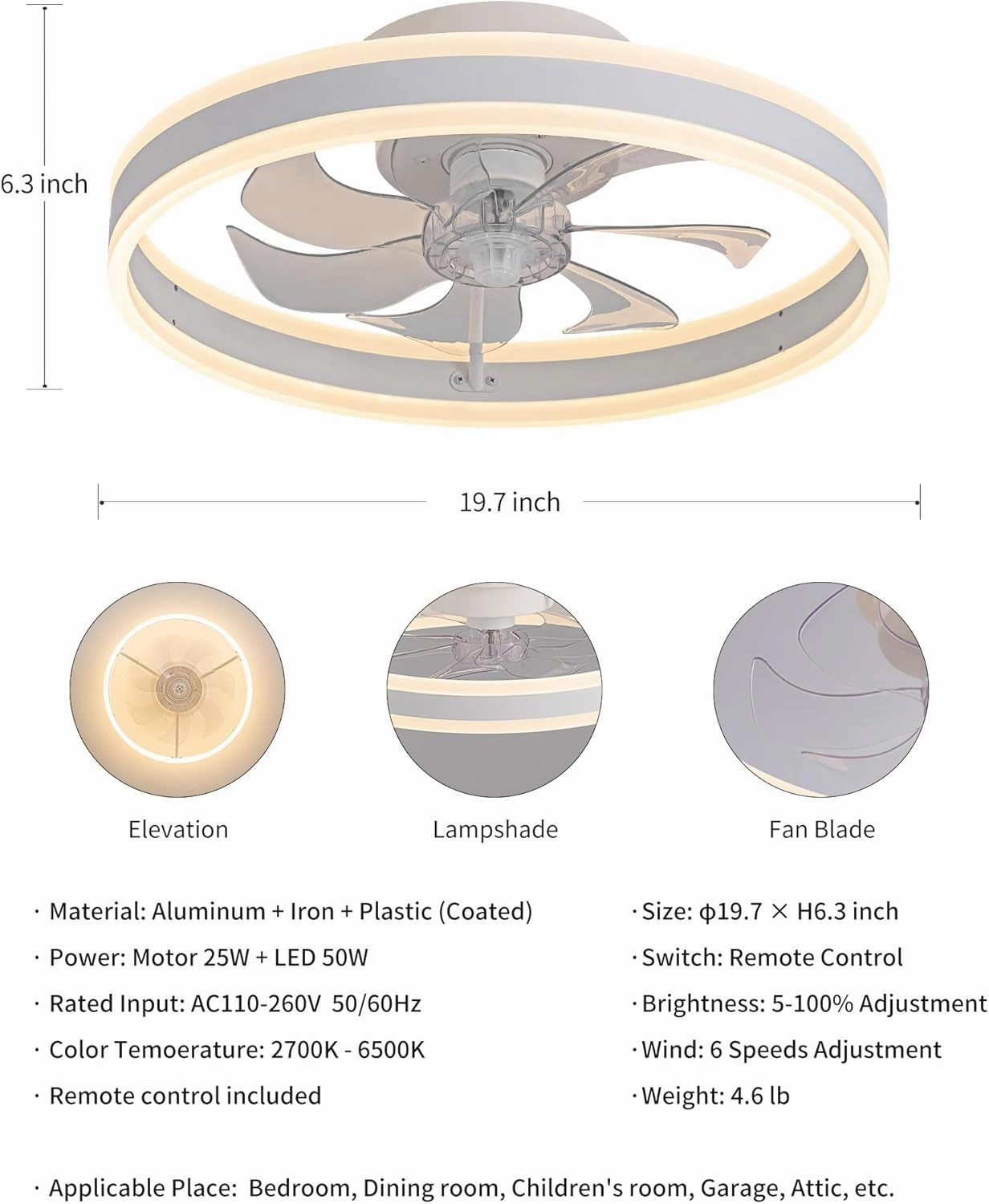 KDG 19.7" Low Profile LED Ceiling Fans with Light, Reversible Flush Mount with Remote and 6 Winds Speeds Fan Lighting, 3 Colors Dimmable for Bedroom, Living Room, Kids, Dinning Room, Kitchen (White)