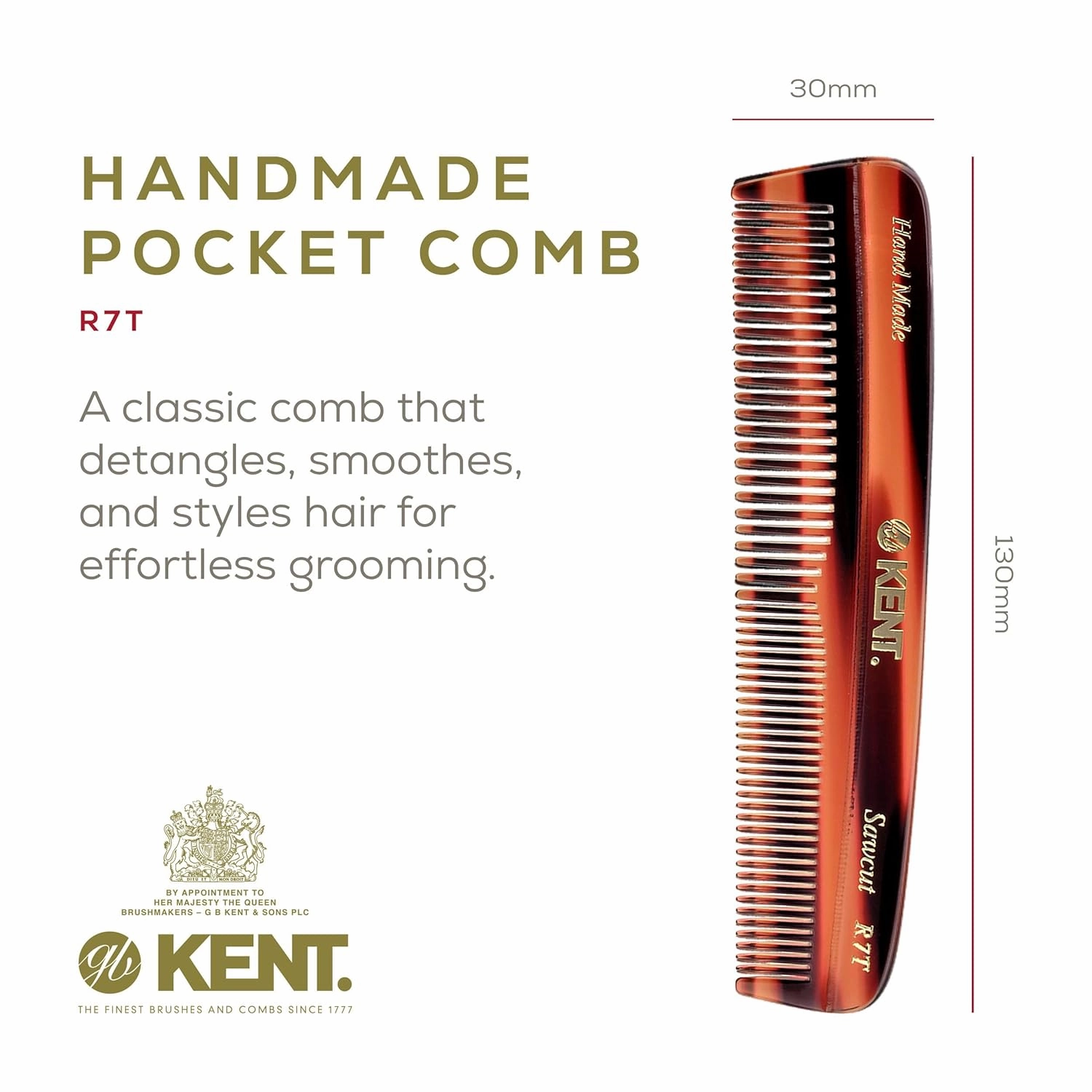Kent R7T Fine and Wide Tooth Hair Comb - Handmade Pocket Comb for Men, Best Beard and Mustache Comb for Everyday Grooming and Styling - Sawcut, Made in England