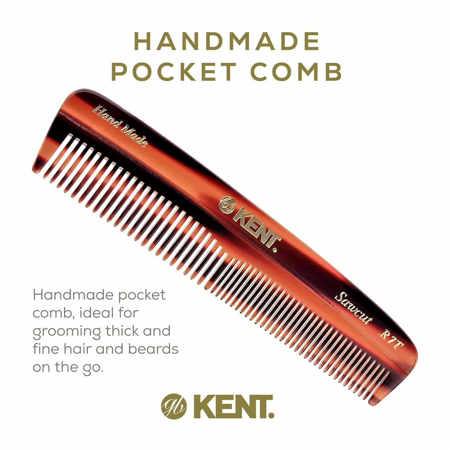 Kent R7T Fine and Wide Tooth Hair Comb - Handmade Pocket Comb for Men, Best Beard and Mustache Comb for Everyday Grooming and Styling - Sawcut, Made in England